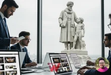 تیم طراحی سایت در مشهد در حال همکاری با پسزمینه مجسمه فردوسی