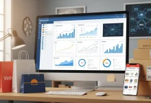 میز کار فروشگاه اینترنتی با مانیتور نمایشدهنده گزارش سئو و هوش مصنوعی، جعبههای بستهبندی و گوشی موبایل با اپلیکیشن فروشگاهی