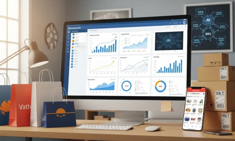 میز کار فروشگاه اینترنتی با مانیتور نمایشدهنده گزارش سئو و هوش مصنوعی، جعبههای بستهبندی و گوشی موبایل با اپلیکیشن فروشگاهی