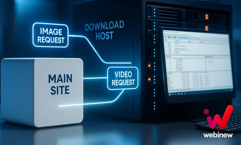 «تصویر ایزومتریک از اتصال هاست اصلی به هاست دانلود با FileZilla و انتقال فایلهای سایت به سرور ذخیرهسازی»