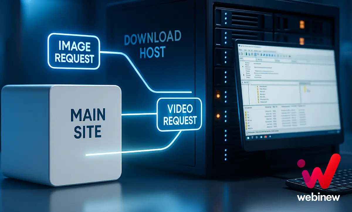 «تصویر ایزومتریک از اتصال هاست اصلی به هاست دانلود با FileZilla و انتقال فایلهای سایت به سرور ذخیرهسازی»