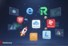 بنر مدرن سهبعدی با لوگوهای افزونههای وردپرس و ووکامرس مثل ووکامرس، المنتور، رنک مث، WP Rocket و سایر افزونههای حرفهای که بهصورت شناور در هوا قرار دارند، مناسب مقاله وبینیو درباره بهترین افزونههای فروشگاهی.