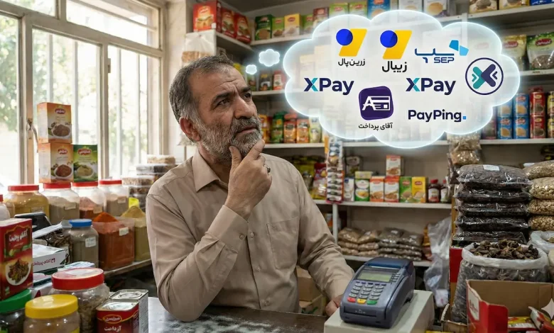 یک مرد مغازه دار که داره به درگاه های پرداخت فکر میکنه