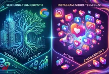 سئو در مقابل اینستاگرام - در تصویر المان های اینستاگرام در سمت راست و المان های سئو در سمت چپ هستند