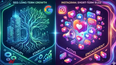 سئو در مقابل اینستاگرام - در تصویر المان های اینستاگرام در سمت راست و المان های سئو در سمت چپ هستند