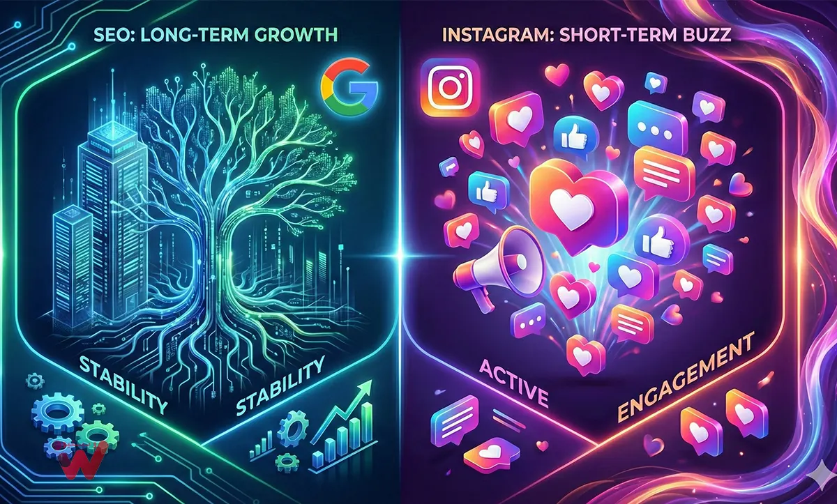 سئو در مقابل اینستاگرام - در تصویر المان های اینستاگرام در سمت راست و المان های سئو در سمت چپ هستند